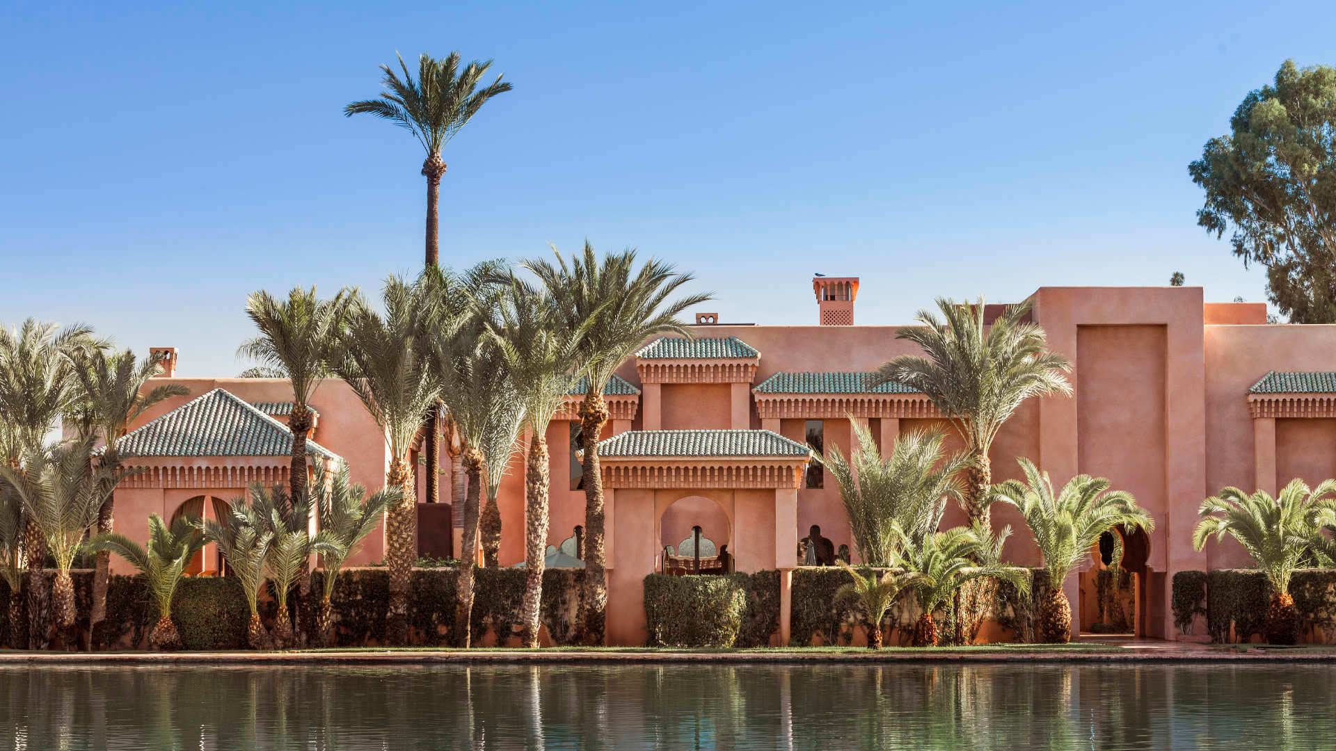 Amanjena Resort in Marrakech, Morocco, a luxury hotel known for its distinctive Moorish architecture