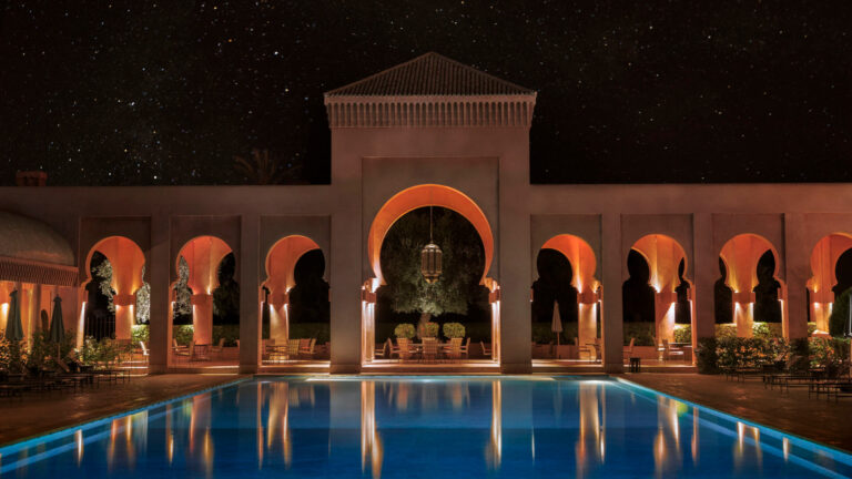 Amanjena Resort in Marrakech, Morocco, a luxury hotel known for its distinctive Moorish architecture