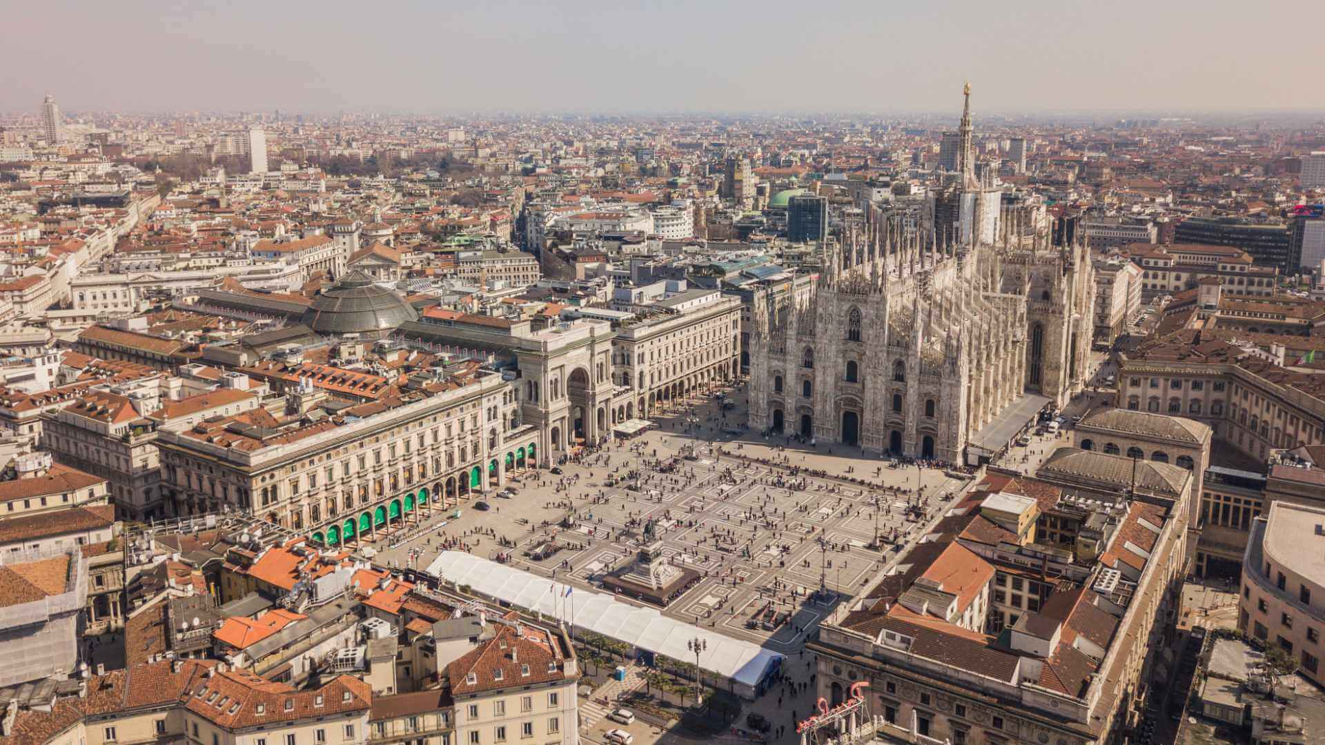 Aerial view of Milan's Piazza del Duomo with the Cathedral and the Galleria Vittorio Emanuele II at the city's centre, making Milan one of Europe's leading corporate event destinations.