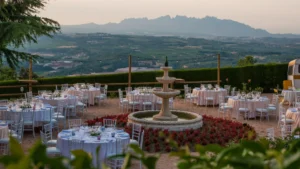 A private outdoor dinner around a stone fountain at a Catalan winery estate, with Montserrat mountain on the horizon at dusk — the kind of setting that earns its place in a multi-venue programme because it has one clear purpose: giving guests an immediate sense of place before the main event begins.