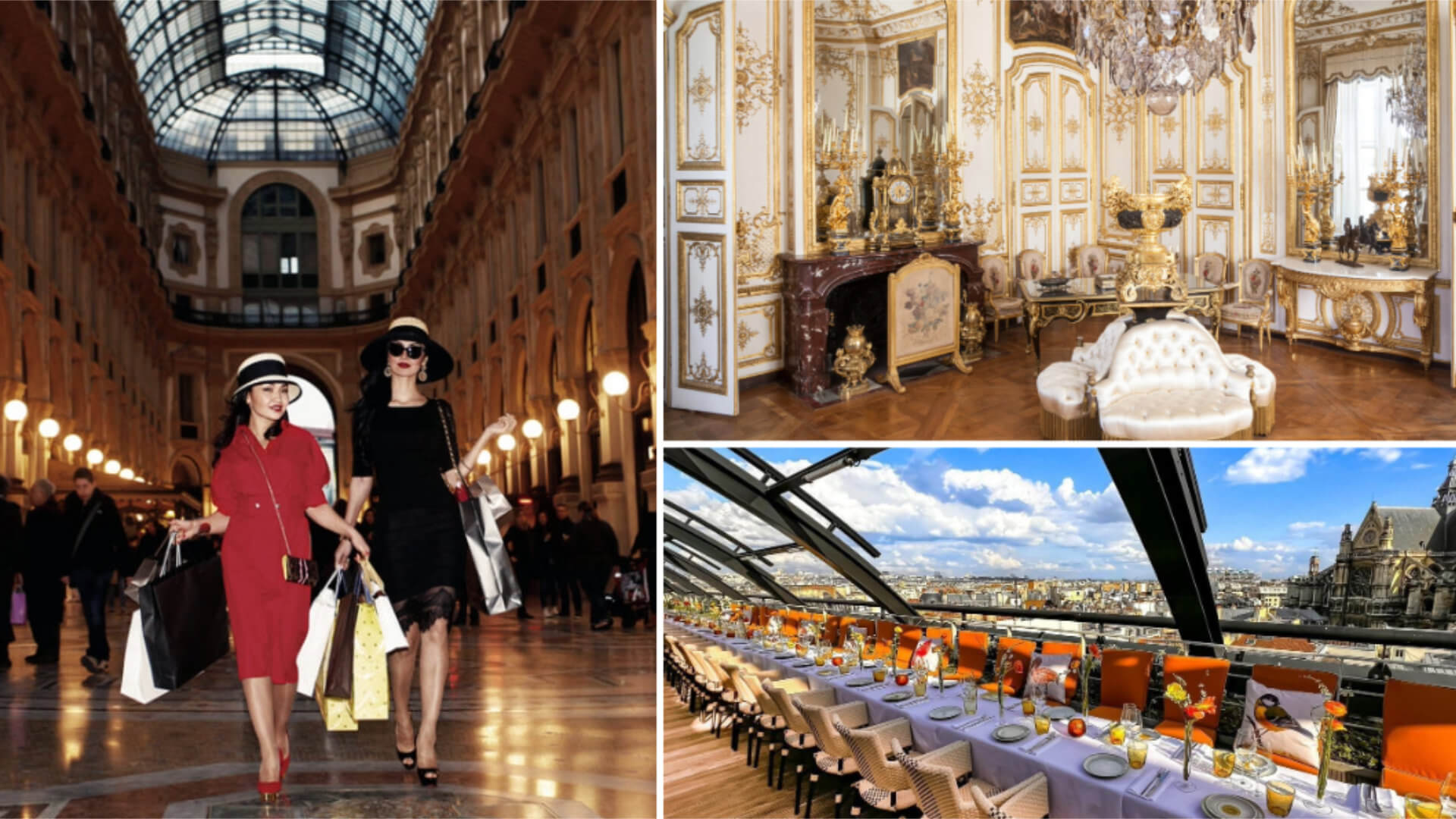 Three contrasting programme settings: women exploring the Galleria Vittorio Emanuele II in Milan, a gilded heritage salon at a French château, and a private rooftop dinner above Paris — illustrating why choosing between the three destinations is a decision about programme intent, not a matter of which city looks best in a brochure.